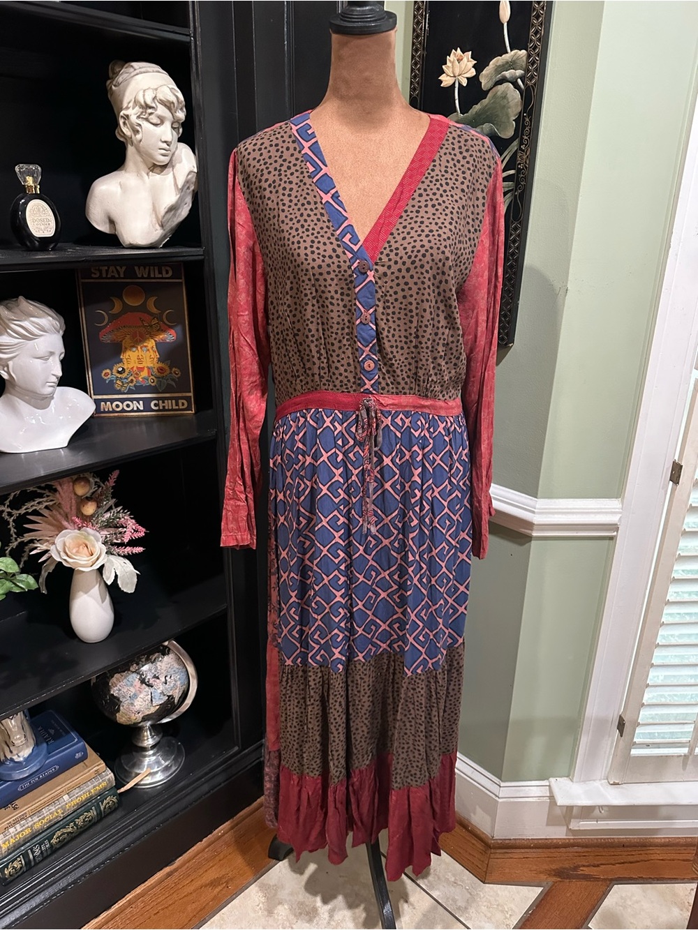 Sacred Threads Bohemian Mixed‑Print Long‑Sleeve Midi Dress – NWT – Size L/XL
